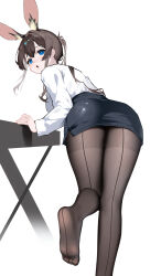  absurdres alternate_costume amiya_(arknights) animal_ears arknights ass bent_over black_skirt blue_eyes brown_hair brown_pantyhose feet female hair_between_eyes highres long_hair looking_at_viewer looking_back open_mouth pantyhose pencil_skirt rabbit_ears shenmi_de_xigua shirt simple_background skirt solo toes white_background white_shirt 