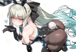  absurdres animal_ears ass black_bow black_gloves black_leotard blue_eyes blush bow braid breasts brown_pantyhose detached_collar ebora elbow_gloves fake_animal_ears fake_tail fate/grand_order fate_(series) female gloves grey_hair hairbow high_heels highleg highleg_leotard highres large_breasts leotard long_hair looking_at_viewer morgan_le_fay_(fate) pantyhose playboy_bunny ponytail rabbit_ears rabbit_tail sidelocks solo tail very_long_hair 