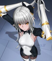  artist_logo black_shrug bodysuit breasts female from_above grey_hair highres karenina:_scire_(pgr) karenina_(pgr) logo long_hair looking_at_viewer mechanical_arms orange_eyes punishing:_gray_raven shrug_(clothing) small_breasts solo white_bodysuit zero_sf 