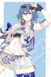  absurdres artist_request english_text female fu_hua fu_hua_(seagull&#039;s_soar) fu_hua_(shadow_knight) grey_eyes grey_hair highres honkai_(series) honkai_impact_3rd long_hair navel skirt smile solo sunglasses tagme 