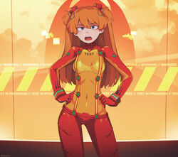  1girls annoyed asuka_langley_sohryu blue_eyes breasts clothing female female_only hands_on_hips highres legs light-skinned_female long_hair looking_at_viewer navel navel_visible_through_clothes neon_genesis_evangelion once11h open_mouth orange_hair plugsuit see-through small_breasts solo standing tight_clothing 