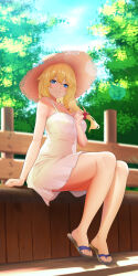  armpit_crease bare_legs bare_shoulders blonde_hair blue_eyes blue_sky blurry blurry_background blush braid breasts cleavage collarbone double-parted_bangs dress feet female flip-flops full_body girls&#039;_frontline girls&#039;_frontline_2:_exilium hair_between_eyes hand_up hat highres legs lens_flare long_hair looking_at_viewer low-tied_long_hair medium_breasts mosin-nagant_(girls&#039;_frontline) mosin-nagant_(girls&#039;_frontline_2) outdoors samsam_s2s sandals sidelocks sitting sky sleeveless sleeveless_dress smile solo straw_hat sun_hat sundress toenails toes white_dress 