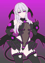  absurdres bare_shoulders black_gloves black_thighhighs breasts corruption covered_navel dark_persona demon_girl demon_tail demon_wings elbow_gloves female fire_emblem fire_emblem:_radiant_dawn flat_color gloves grey_hair head_wings highres kouyoku_senki_exs-tia leotard liberator_(exs-tia) long_hair looking_at_viewer medium_breasts micaiah_(fire_emblem) middle_finger mind_control purple_background purple_eyes see-through_clothes showgirl_skirt simple_background skirt smile solo tail thighhighs variant_set wings 