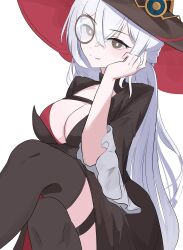  absurdres black_dress black_eyes breasts brown_hat cleavage diabellstar_the_black_witch dress duel_monster female hat highres large_breasts long_hair monocle nbee_ya official_alternate_costume simple_background sitting solo white_background white_hair witch_hat yu-gi-oh! 