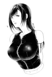  absurdres arm_ribbon arms_behind_back bare_shoulders black_hair black_vest breasts collarbone cropped_torso earrings female final_fantasy final_fantasy_vii final_fantasy_vii_advent_children greyscale highres jewelry kirinomon large_breasts lips long_hair looking_at_viewer midriff_peek monochrome navel notice_lines ribbon single_earring solo swept_bangs tifa_lockhart twitter_username upper_body vest white_background zipper 