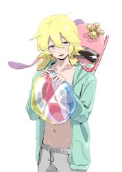  1boy absurdres animal animal_on_shoulder artist_name ball beachball blonde_hair blue_eyes blue_jacket commentary cowboy_shot crown dolphin drawstring goggles grey_shorts hair_between_eyes highres holding holding_ball holding_beachball jacket looking_at_another male_focus male_swimwear motimoti_mgmg navel ocean_prince open_clothes open_jacket open_mouth otomo_(puyopuyo) puyopuyo puyopuyo_fever_2 short_hair shorts simple_background smile snorkel snorkel_in_mouth standing swim_trunks twitter_username white_background 