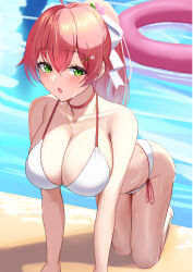  absurdres ahoge all_fours arisugawa_ya bare_shoulders bent_over bikini blush bow breasts choker cleavage collarbone commentary_request female flower flower_necklace green_eyes hair_between_eyes hair_ornament hairbow hairclip highres hololive jewelry large_breasts long_hair looking_at_viewer necklace open_mouth pink_choker pink_hair pink_innertube ponytail pool poolside sakura_miko side-tie_bikini_bottom solo swim_ring swimsuit very_long_hair virtual_youtuber water wet white_bikini 