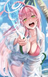  absurdres ahoge bad_id bad_pixiv_id beach bikini blue_archive blue_sky blurry blurry_background blush braid breasts bright_pupils cleavage cloud collarbone collared_shirt commentary_request cowboy_shot crossed_bangs day depth_of_field dress_shirt dutch_angle female foreshortening green_eyes hair_between_eyes hair_intakes hanako_(blue_archive) hanako_(swimsuit)_(blue_archive) highres holding holding_hose hose huge_ahoge large_breasts leaning_forward long_bangs long_hair long_sleeves looking_at_viewer ocean open_mouth outdoors outstretched_arm palm_tree partially_unbuttoned pink_bikini see-through_clothes see-through_shirt shirt side_braid sky smile solo sparkle standing sunlight swimsuit teeth tongue tree upper_teeth_only very_long_hair water water_drop waves wet wet_clothes wet_shirt white_pupils white_shirt yami_anko 