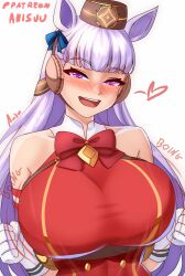  animal_ears anisdrawn blunt_bangs blush bow bowtie breasts dress ear_bow female gloves gold_ship_(umamusume) grey_hair hat highres horse_ears horse_girl large_breasts long_hair looking_at_viewer open_mouth pillbox_hat purple_eyes red_dress school_uniform shirt smile solo tracen_school_uniform umamusume upper_body 