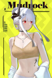  abstract_background absurdres arknights arms_at_sides bra breasts character_name chinese_commentary ciexbiet cleavage closed_mouth collar collarbone commentary_request diamond_hair_ornament earclip earrings expressionless female hair_bun highres horns jacket jacket_partially_removed jewelry large_breasts long_hair long_sidelocks looking_to_the_side metal_collar mudrock_(arknights) navel necklace no_shirt pants pointy_ears red_eyes sidelocks single_hair_bun solo stomach turning_head underwear upper_body white_hair white_jacket white_pants yellow_background yellow_bra 