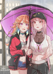  2girls absurdres alternate_costume blush breasts couple earrings feather_earrings feathers gradient_hair green_highlights halter_shirt halterneck highres hololive hololive_english jewelry large_breasts long_hair mori_calliope mori_calliope_(streetwear) multicolored_hair multiple_girls official_alternate_costume open_mouth orange_hair pink_hair purple_eyes red_eyes shirt smile takanashi_kiara takanashi_kiara_(casual) virtual_youtuber xu_chin-wen yuri 
