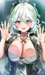 against_glass alias_anono black_bow black_jacket bow braid breast_press breasts breasts_on_glass cleavage commentary commission dreadpunk dress english_commentary female gradient_hair green_hair grey_hair hair_between_eyes hairbow hand_on_glass heterochromia highres jacket jewelry large_breasts looking_at_viewer multicolored_hair necklace open_mouth pearl_necklace pink_eyes purple_eyes ring second-party_source short_hair signature solo streaked_hair teeth upper_teeth_only v4mirai virtual_youtuber white_dress 