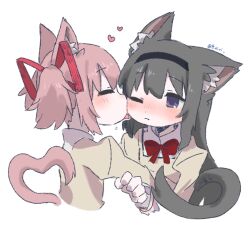  2girls akemi_homura animal_ear_fluff animal_ears black_hair black_hairband bow bowtie buivi cat_ears cat_girl cat_tail closed_eyes hair_ribbon hairband highres kaname_madoka kemonomimi_mode licking licking_another&#039;s_face mahou_shoujo_madoka_magica mahou_shoujo_madoka_magica_(anime) mitakihara_school_uniform multiple_girls one_eye_closed pink_hair pink_ribbon purple_eyes red_bow red_bowtie ribbon school_uniform shirt simple_background tail twintails twitter_username white_background yellow_shirt yuri 