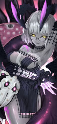  1152635131_(artist) absurdres arm_under_breasts armpits bare_shoulders black_dress blood breasts center_opening chinese_commentary cleavage closed_mouth colored_skin commentary dress fate/grand_order fate_(series) female glasses grey_hair grey_skin highres jacques_de_molay_(foreigner)_(fate) jacques_de_molay_(foreigner)_(third_ascension)_(fate) medium_breasts pink_blood short_hair smile solo tentacle yellow_eyes 