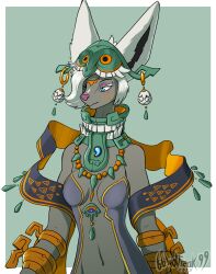  66wolfreak99 anthro big_ears blue_eyes border bracelet breasts clothing eyelashes facial_markings female front_view fur green_background grey_body grey_clothing grey_fur hair head_markings hi_res jewelry mammal markings mineru navel necklace nintendo purple_nose short_hair simple_background small_breasts solo tears_of_the_kingdom the_legend_of_zelda white_border white_hair zonai 