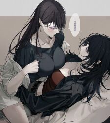  2girls bang_dream! bang_dream!_it&#039;s_mygo!!!!! belt black_belt black_choker black_hair black_jacket black_shirt blackfangs blue_eyes blush breasts chinese_text choker cleavage commentary earrings highres jacket jewelry large_breasts long_hair midriff multiple_girls navel open_mouth purple_eyes red_shirt shiina_taki shirt straddling translation_request white_jacket yahata_umiri yuri 