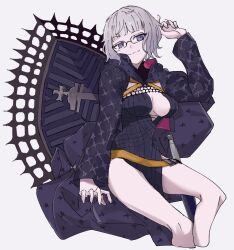  black_dress breasts center_opening cleavage closed_mouth commentary dress fate/grand_order fate_(series) female glasses grey_hair highres jacques_de_molay_(foreigner)_(fate) jacques_de_molay_(foreigner)_(third_ascension)_(fate) long_sleeves medium_breasts playing_with_own_hair purple_eyes short_hair simple_background smile solo yamamon_0 