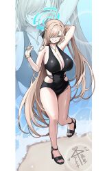  asuna_(blue_archive) bangle bare_shoulders beach black_one-piece_swimsuit black_sandals blonde_hair blue_archive blue_eyes blue_halo blue_nails blush bracelet braid breasts cleavage collarbone female grin groin hair_over_one_eye half_up_braid halo highres jewelry large_breasts leg_up long_hair looking_at_viewer mole mole_on_breast necklace o-los one-piece_swimsuit sandals smile solo swimsuit thighs very_long_hair 