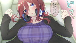  1girls :o big_breasts blue_eyes blush breasts brown_hair chestnut_hair clothing english_translation female female_only go-toubun_no_hanayome hair_between_eyes headphones headphones_around_neck highres japanese_text light-skinned_female long_hair looking_at_viewer lying nakano_miku on_couch open_mouth solo syaraechichi text translated 