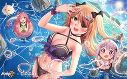  3girls :d beach bikini black_bow black_eyes black_one-piece_swimsuit blonde_hair blue_eyes blue_sky bow breasts cleavage cloud cloudy_sky coconut company_connection copyright_name dodoco_(genshin_impact) eyepatch fischl_(genshin_impact) from_above full_body genshin_impact green_eyes hair_between_eyes hair_ornament hairbow halo honkai_(series) honkai_impact_3rd horns innertube jpeg_artifacts large_breasts long_hair looking_at_viewer midriff mihoyo multiple_girls navel ocean one-piece_swimsuit open_mouth outdoors paimon_(genshin_impact) panyo pink_hair purple_bikini rozaliya_olenyeva single_horn sky smile stomach swim_ring swimsuit tail two_side_up v very_long_hair water white_hair white_one-piece_swimsuit wristband 