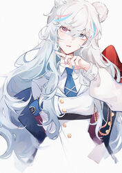  absurdres aiguillette animal_ears arknights bear_ears blue_eyes blue_hair blue_nails blue_necktie blush breasts buttons chinese_commentary coat collared_shirt female gemi_25 hair_between_eyes head_tilt heterochromia highres long_hair looking_at_viewer medium_breasts multicolored_hair multicolored_nails nail_polish necktie off_shoulder open_mouth pink_hair pink_nails red_eyes rosa_(arknights) shirt simple_background solo streaked_hair upper_body wavy_hair white_background white_coat white_hair white_shirt wing_collar 