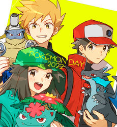  2022 2boys anniversary baseball_cap blastoise blue_jacket blue_oak blue_oak_(sygna_suit) brown_eyes brown_hair buttons character_doll charizard closed_mouth coat commentary_request copyright_name doll female green_headwear green_jacket grin hat highres hinata_(ryohinata) holding holding_doll jacket leaf_(pokemon) leaf_(sygna_suit)_(pokemon) looking_at_viewer mega_blastoise mega_charizard_x mega_pokemon mega_venusaur multiple_boys official_alternate_costume pokemon pokemon_(creature) pokemon_masters_ex red_(pokemon) red_(sygna_suit)_(pokemon) red_coat red_headwear short_hair sleeveless sleeveless_coat smile spiked_hair strap venusaur 