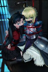  2girls armor armored_dress artoria_pendragon_(fate) black_hair blonde_hair blue_eyes bondage bondage bondage bound commentary_request fate/stay_night fate_(series) gag gagged green_eyes has_bad_revision highres improvised_gag long_hair md5_mismatch multiple_girls pleated_skirt red_rope resolution_mismatch rope saber_(fate) sharpffffff skirt source_smaller tape tape_bondage tape_gag thighhighs tohsaka_rin zettai_ryouiki 