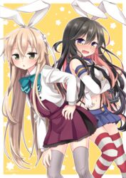  2girls :o anchor_hair_ornament black_hair black_neckerchief black_panties blonde_hair blue_bow blue_bowtie blue_sailor_collar blue_skirt blush bow bowtie breasts commentary_request commission cosplay costume_switch dress elbow_gloves gloves grey_legwear hair_between_eyes hair_ornament hairband hand_on_own_hip highleg highleg_panties jacket kantai_collection large_breasts long_hair long_sleeves midriff miniskirt multicolored_hair multiple_girls naganami_(kancolle) naganami_(kancolle)_(cosplay) naganami_kai_ni_(kancolle) nagasioo navel neckerchief nose_blush oerba_yun_fang open_mouth panties parted_lips pink_hair purple_dress sailor_collar school_uniform serafuku shimakaze_(kancolle) shimakaze_(kancolle)_(cosplay) simple_background skeb_commission skin_fang skirt sleeveless star_(symbol) striped_clothes striped_thighhighs sweat thighhighs two-tone_hair underwear very_long_hair white_gloves white_jacket yellow_eyes 