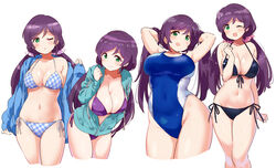  ;o arms_up bare_arms bare_shoulders bikini black_bikini blue_bikini blue_jacket blue_one-piece_swimsuit breasts cleavage commentary_request competition_swimsuit covered_navel cropped_legs female front-tie_bikini_top front-tie_top green_eyes hair_ornament hair_scrunchie highres jacket kurokawa_makoto large_breasts leaning_forward long_hair long_sleeves looking_at_viewer love_live! love_live!_school_idol_project low_twintails multiple_views navel one-piece_swimsuit one_eye_closed open_mouth purple_bikini purple_hair scrunchie side-tie_bikini_bottom simple_background smile swimsuit tojo_nozomi twintails white_background 