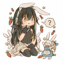  ? animal animal_ears armband artist_request black_gloves black_legwear blush brown_eyes bunny bunny_ears carrot clothes_around_waist female girls_frontline gloves green_hair headphones jacket_around_waist long_hair m4a1_(girls_frontline) seiza simple_background sitting spoken_question_mark thighhighs white_background 