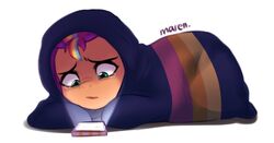  bedding blanket blanket_burrito bodily_fluids cellphone earth_pony electronics equid equine female green_eyes hair hasbro hi_res horse mammal marenlicious mlp_g5 multicolored_hair my_little_pony phone pony simple_background smartphone solo sunny_starscout_(mlp) tears white_background 