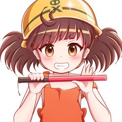  apron bare_arms bare_shoulders blush brown_apron brown_eyes brown_hair commentary_request diagonal_bangs female goth_risuto grin hands_up hard_hat helmet holding looking_at_viewer simple_background smile solo sound_voltex strap_slip traffic_baton twintails upper_body v-shaped_eyebrows white_background yamashina_kanade yellow_headwear 