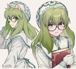  2girls animal_ears book cheadle_yorkshire commentary cross dog_ears dog_girl dual_persona frills glasses green_eyes green_hair hat highres holding holding_book hunter_x_hunter multiple_girls multiple_views sss14sana symbol-only_commentary 