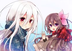  2girls alternate_costume blue_scarf blush enpera fur_trim gradient_background hair_between_eyes hair_ornament kantai_collection kikuzuki_(kancolle) kisaragi_(kancolle) long_hair long_sleeves looking_at_viewer multiple_girls nagasioo open_mouth plaid plaid_scarf purple_eyes purple_hair red_eyes red_scarf scarf simple_background smile upper_body white_hair 