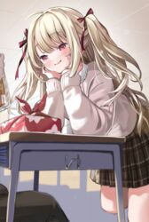  arm_support bento blonde_hair blush desk female head_rest highres long_hair original red_eyes ribbon school school_uniform smile solo_focus sweater twintails two_side_up yukimaru_nun 