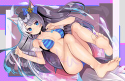  absurdres animal_ear_fluff animal_ears bare_legs bare_shoulders barefoot bikini black_hair blush breasts character_request female fox_ears fox_girl fox_tail full_body grey_hair hair_ornament highres kuka long_hair looking_at_viewer medium_breasts multicolored_hair mysteria_~occult_shadows~ onono_imoko_(style) solo swimsuit tail two-tone_hair very_long_hair 