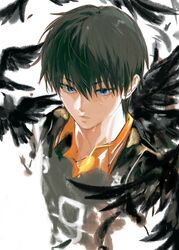  1boy bird black_hair blue_eyes closed_mouth commentary feathered_wings haikyuu!! highres jersey kageyama_tobio karasuno_volleyball_uniform looking_away male_focus shenshan_laolin short_hair sportswear symbol-only_commentary tears volleyball_uniform white_background wings 