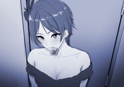  blue_theme breasts cleavage collarbone condom condom_in_mouth dress earrings female hayami_kanade idol idolmaster idolmaster_cinderella_girls jewelry light_smile looking_at_viewer monochrome mouth_hold off-shoulder_dress off_shoulder oshou_(o_shou) pretty_liar_(idolmaster) solo stud_earrings upper_body 