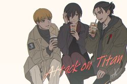  2boys :d absurdres armin_arlert beige_background black_hair blonde_hair boots brown_legwear casual coffee contemporary copyright_name cup disposable_cup drinking_straw eren_yeager female green_jacket grey_eyes grey_jacket hair_between_eyes hand_up highres holding holding_cup hood hoodie invisible_chair jacket knee_boots looking_at_another macaronk md5_mismatch mikasa_ackerman multiple_boys pants red_scarf resolution_mismatch scarf shingeki_no_kyojin short_hair signature simple_background sitting smile source_larger 