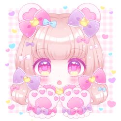  :o animal_ears animal_hands bear_ears blue_bow blush bow brown_hair commentary_request female frilled_bow frills gloves hairbow heart himetsuki_luna long_hair looking_at_viewer open_mouth original pastel_colors paw_gloves pink_bow plaid plaid_background purple_bow red_eyes solo symbol-shaped_pupils white_bow yume_kawaii 