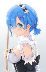  alternate_hair_length alternate_hairstyle black_bow black_sleeves blue_eyes blue_hair bow breasts broom cleavage closed_mouth detached_sleeves female flower gradient_background grey_background hair_flower hair_ornament hair_over_one_eye head_wreath highres holding holding_broom long_sleeves medium_breasts ponytail re:zero_kara_hajimeru_isekai_seikatsu rem_(re:zero) roswaal_mansion_maid_uniform short_hair solo tarunyan upper_body white_flower 