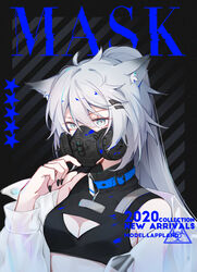  absurdres alternate_costume arknights biohazard_symbol black_background black_mask black_nails black_shirt breasts chinese_commentary cleavage cleavage_cutout clothing_cutout covered_mouth crop_top dated english_text female gemi_25 grey_eyes hair_between_eyes hair_ornament hairclip highres jacket lappland_(arknights) long_hair looking_at_viewer mask medium_breasts nail_polish off_shoulder open_clothes open_jacket ponytail respirator scar scar_across_eye see-through see-through_sleeves shirt simple_background sleeveless solo star_(symbol) striped_background upper_body white_hair white_jacket 