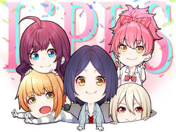  5girls :3 :d ahoge arm_support blonde_hair blue_eyes blue_hair bow bowtie brown_eyes chibi collared_shirt commentary_request confetti double_v earrings green_eyes gyaru hairbow hand_on_another&#039;s_head hayami_kanade high_ponytail highres hole ichinose_shiki idolmaster idolmaster_cinderella_girls jewelry jougasaki_mika lipps_(idolmaster) long_hair looking_at_viewer mikan_(chipstar182) miyamoto_frederica multiple_girls necktie oerba_yun_fang open_mouth parted_hair pink_hair red_hair shiomi_syuko shirt short_hair simple_background smile striped_clothes striped_sweater sweater v yellow_eyes 