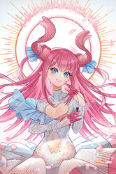  absurdres alternate_costume blue_eyes blue_ribbon blush breast_cutout cherry_blossoms clothing_cutout collarbone commentary_request curled_horns dragon_horns dragon_tail dress elizabeth_bathory_(fate) elizabeth_bathory_(fate/extra_ccc) fate/extra fate/extra_ccc fate/grand_order fate_(series) female flat_chest green_dress hair_between_eyes hair_ribbon hand_on_own_face highres holding horns laon long_hair long_sleeves looking_at_viewer messy_hair navel navel_cutout parted_lips pink_hair pointy_ears ribbon simple_background smile solo stomach tail teeth white_dress 