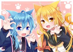  2girls animal_ears aqua_hair asymmetrical_hair black_sailor_collar blonde_hair blush cat_ears cat_girl cat_tail claw_pose commentary_request commission hair_between_eyes kantai_collection long_hair long_sleeves low_twintails minazuki_(kancolle) multiple_girls nagasioo neckerchief oerba_yun_fang open_mouth paw_print sailor_collar satsuki_(kancolle) satsuki_kai_ni_(kancolle) school_uniform serafuku short_hair simple_background skeb_commission tail twintails twitter_username upper_body yellow_eyes yellow_neckerchief 