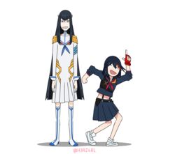  2girls asakusa_midori black_hair commentary dancing derivative_work eizouken_ni_wa_te_wo_dasu_na! fingerless_gloves full_body gloves grin h3rz4rl height_difference highres junketsu kanamori_sayaka kill_la_kill kiryuuin_satsuki long_hair matoi_ryuuko midriff multicolored_hair multiple_girls open_mouth pleated_skirt sanpaku school_uniform senketsu shoes simple_background single_glove skirt smile sneakers suspenders twitter_username two-tone_hair white_background 