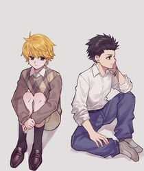  2boys aged_down black_hair blonde_hair bracelet brown_eyes ging_freecss highres hugging_own_legs hunter_x_hunter jewelry male_focus multiple_boys pariston_hill shorts sitting sleeves_rolled_up sss14sana sweater 