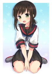  black_sailor_collar black_skirt black_socks blue_neckwear blush brown_hair commentary_request commission female fubuki_(kancolle) fubuki_kai_ni_(kancolle) green_eyes kantai_collection kneehighs low_ponytail nagasioo open_mouth pleated_skirt ponytail sailor_collar school_uniform serafuku short_ponytail short_sleeves sidelocks simple_background sitting skeb_commission skirt snowflakes socks solo 