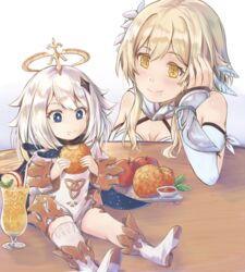  2girls apple apple_juice bare_shoulders bendy_straw blonde_hair blue_eyes boots breasts closed_mouth commentary cup detached_sleeves dress drink drinking_glass drinking_straw drooling eating english_commentary flower food food_on_face fruit genshin_impact gradient_background grey_background hair_between_eyes hair_flower hair_ornament halo hash_browns head_rest highres hikari_niji holding holding_food juice knee_boots long_hair long_sleeves lumine_(genshin_impact) medium_breasts mini_person minigirl multiple_girls paimon_(genshin_impact) red_apple romper saliva shoe_soles single_thighhigh sitting smile thighhighs thighhighs_under_boots vambraces white_background white_dress white_flower white_footwear white_hair white_legwear white_romper white_sleeves wide_sleeves yellow_eyes 