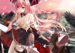  absurdres antenna_hair azur_lane bare_shoulders belt bird blunt_bangs breasts camisole cleavage cross detached_collar female frilled_skirt frills hair_on_horn highres horns huge_horns iron_cross long_hair long_horns mechanical_horns off_shoulder oversized_clothes pink_hair prinz_rupprecht_(azur_lane) sitting skirt sleeves_past_fingers sleeves_past_wrists thigh_belt thigh_strap xiongshouji 